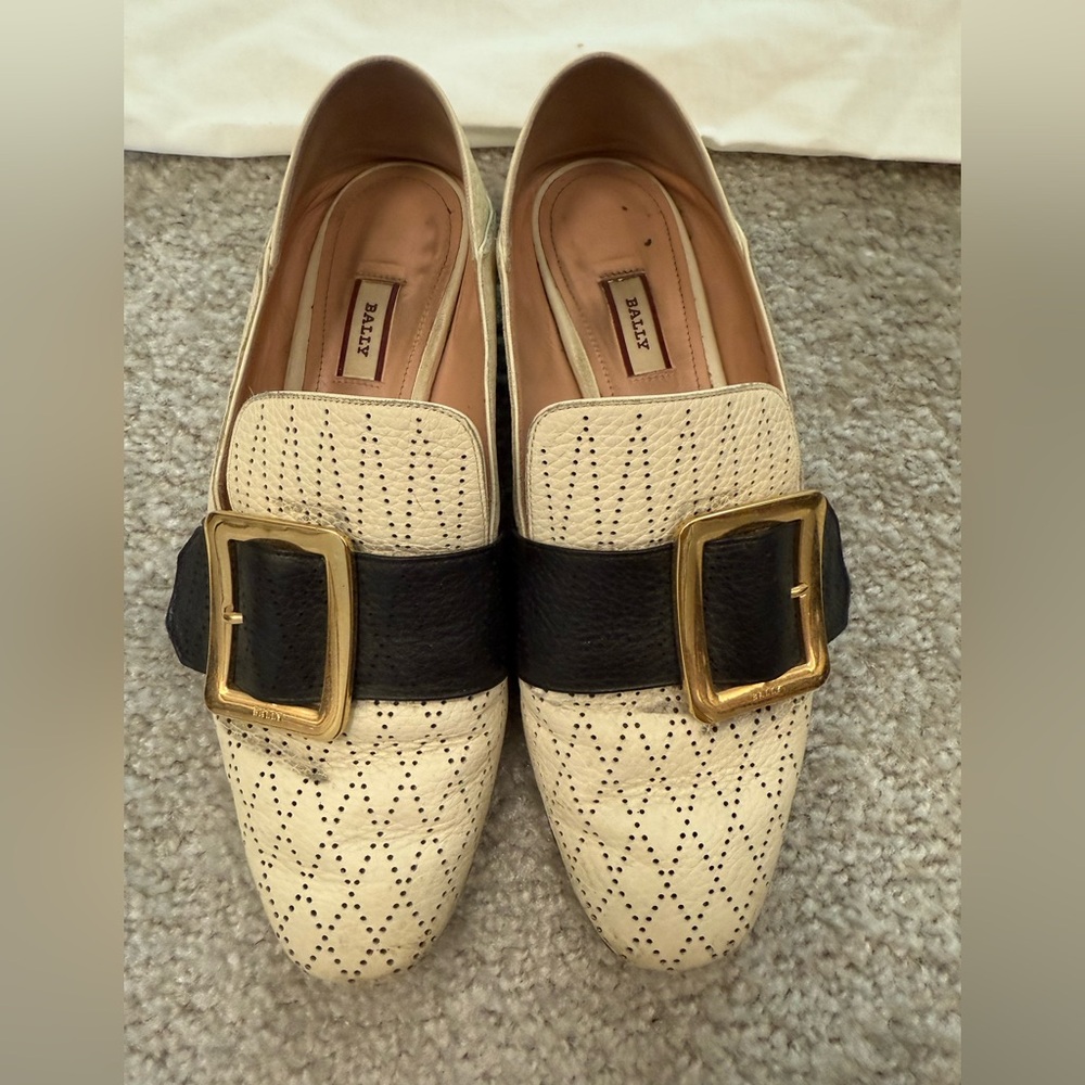 Bally Perforated Cream Loafers with Gold and Black Accents